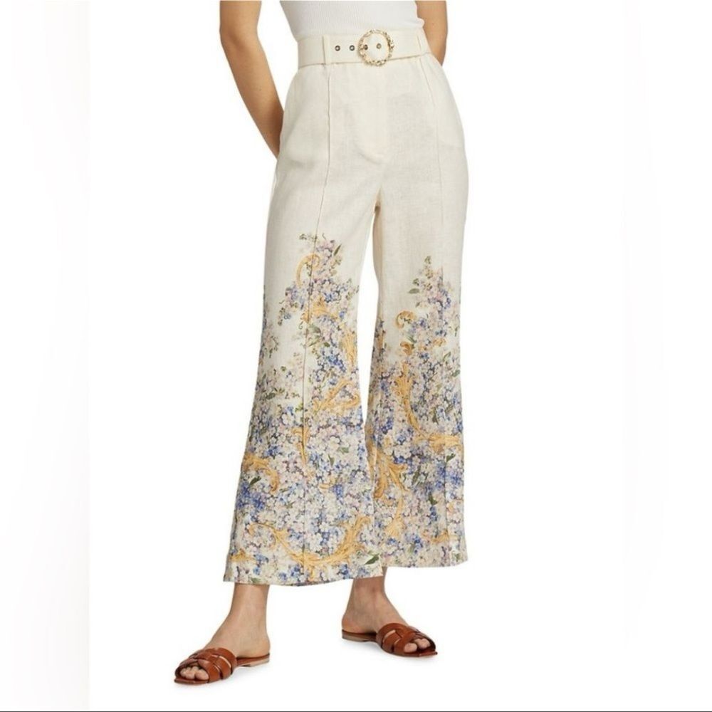 Zimmermann Floral Linen Wide Leg Pants – Size 2 (AU) / US 8 – No Belt
